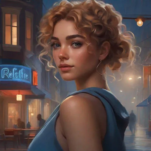 Prompt: Third person, gameplay, American girl, freckles, curly blond hair, hazel eyes, 2020s, smartphone, streets of Atlanta at night, fog, blue atmosphere, cartoony style, extremely detailed painting by Greg Rutkowski and by Henry Justice Ford and by Steve Henderson 


