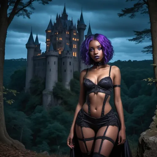 Prompt: Bare young goth BLACK girls with huge chests, blue eyes, purple hair, a dark foreboding forest at night, and castle in the background, Full length body shot 