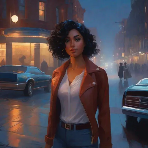 Prompt: Third person, gameplay, American girl, freckles, curly BLACK hair, hazel eyes, 2020s, smartphone, streets of Atlanta at night, fog, blue atmosphere, cartoony style, extremely detailed painting by Greg Rutkowski and by Henry Justice Ford and by Steve Henderson 

