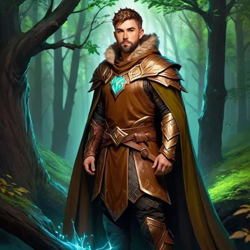 Prompt: (Full body picture) An elemental druid with short-cut hair and short beard, brown branch armor, magic around, cloak, manly, fantasy setting, dungeons and dragons, forest at night, in realistic digital art style