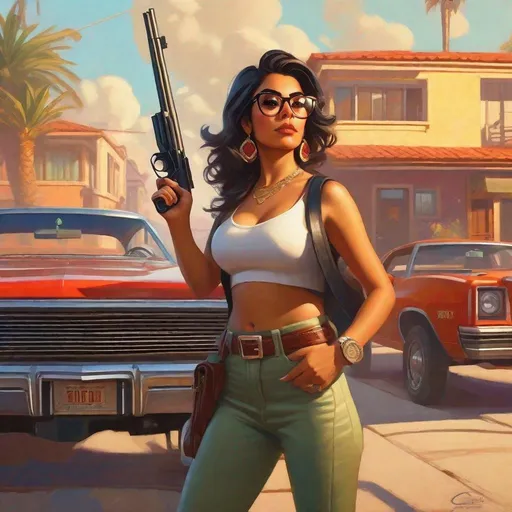 Prompt: Nerdy Latina woman in GTA, guns, cartoony, sunny atmosphere, extremely detailed painting by Greg Rutkowski and by Henry Justice Ford and by Steve Henderson