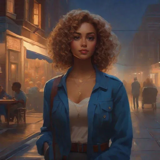 Prompt: Third person, gameplay, American girl, freckles, curly blond hair, hazel eyes, 2020s, smartphone, streets of Atlanta at night, fog, blue atmosphere, cartoony style, extremely detailed painting by Greg Rutkowski and by Henry Justice Ford and by Steve Henderson 


