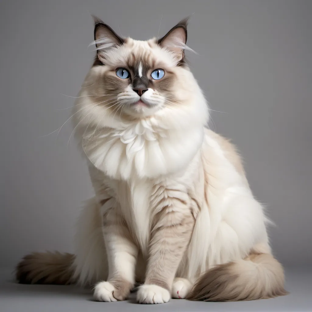 Prompt: Happy Full body shot of Ragdoll Cat Cat Sitting close eyes, smell, smile, gray background