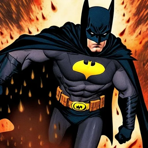 Prompt: It's night and raining. Angry Batman is walking through the fire.