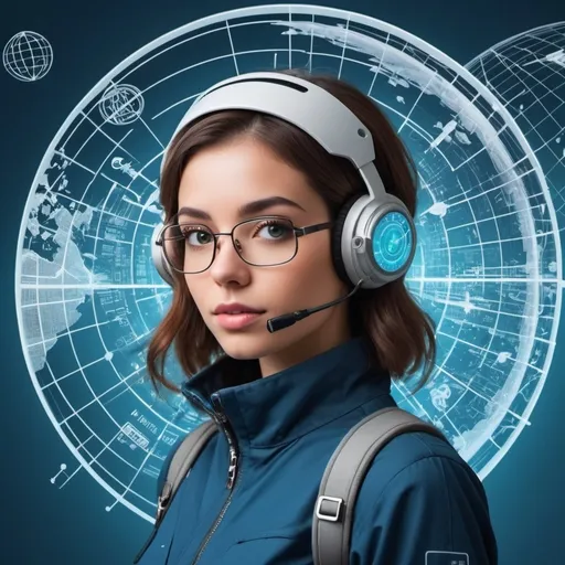 Prompt: Create a modern and futuristic profile picture that combines elements of travel and technology. Incorporate motifs such as a globe, airplane, compass, drones, or satellites with tech features like circuit patterns, digital maps, or holograms. The color scheme should be eye-catching and futuristic, such as a combination of blue and silver. The image should be clean and minimalist to stand out well as an Instagram profile picture