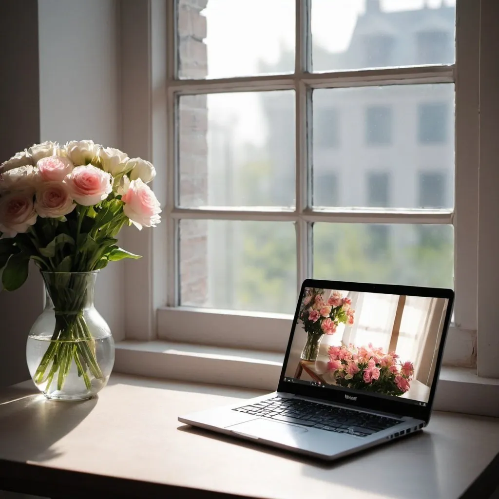 Prompt: Laptop on a desk, light, flowers window 