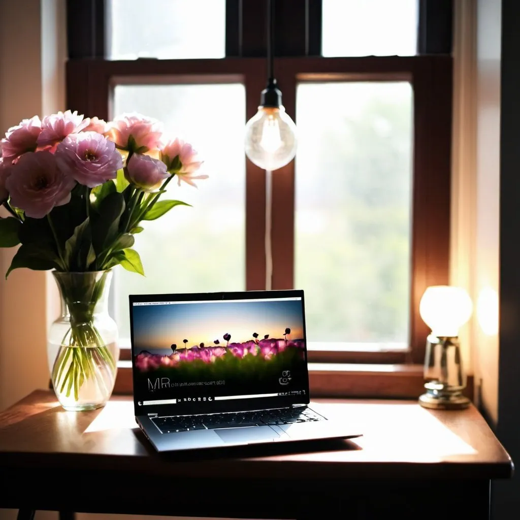 Prompt: Laptop on a desk, light, flowers window 