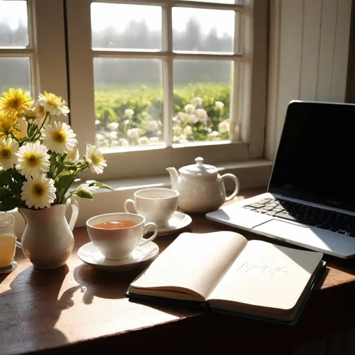 Prompt: Sunlight, desk, note book, laptop, notes, flowers, tea