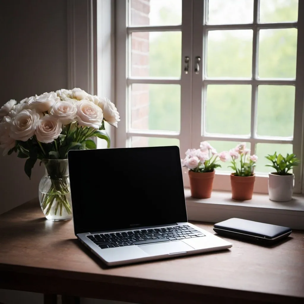 Prompt: Laptop on a desk, light, flowers window 