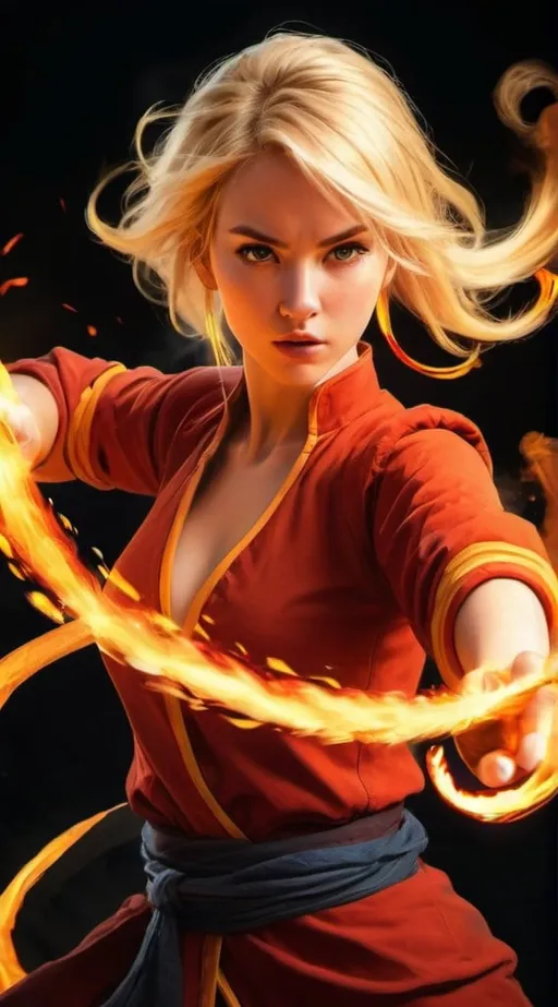 Prompt: Blonde woman firebending, detailed fiery effects, high-quality, digital painting, anime style, vibrant colors, intense lighting, dynamic pose, fierce expression