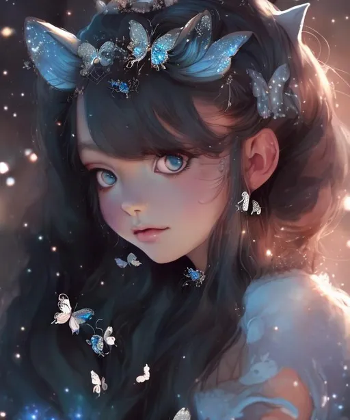 Prompt: Girl with cute fox ears and silver dress, surrounded by blue butterflies, anime, magical, detailed fur and dress, ethereal lighting, high quality, whimsical, fantasy, fox ears, silver dress, blue butterflies, anime style, ethereal lighting, detailed fur, magical