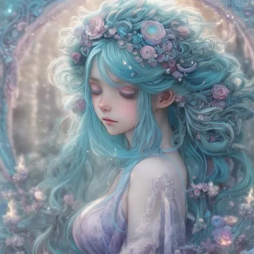 Prompt: blue-haired anime girl in a fantasy world, soft pastel colors, ethereal and magical atmosphere, flowing blue locks with gentle curls, intricate floral headpiece, dreamy and whimsical, high quality, pastel, fantasy, ethereal, flowing hair, intricate details, magical, soft colors, anime, dreamy atmosphere, delicate, professional, detailed eyes