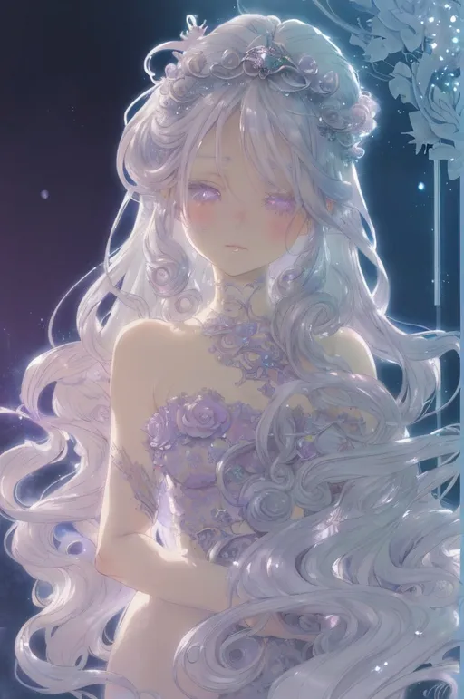 Prompt: Silver-haired anime girl in a fantasy world, soft pastel colors, ethereal and magical atmosphere, flowing silver locks with gentle curls, intricate floral headpiece, dreamy and whimsical, high quality, pastel, fantasy, ethereal, flowing hair, intricate details, magical, soft colors, anime, dreamy atmosphere, delicate, professional