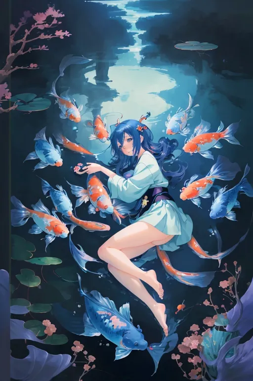 Prompt: Dark Blue-haired anime girl with large koi fish, pastel colors, fantasy world, anime, highres, detailed, anime style, pastel tones, fantasy lighting, koi fish swimming, detailed hair, serene atmosphere, dreamy, surreal, anime art, fantasy landscape, soft color palette, peaceful setting, anime girl with large koi fish, whimsical