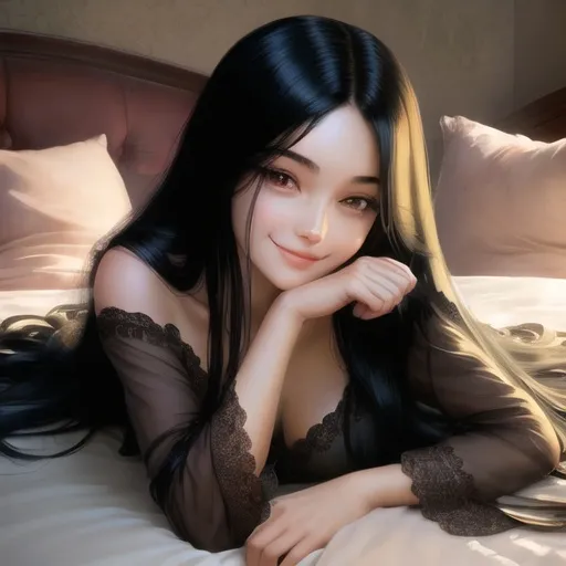 Prompt: beautiful girl laying on bed, long black hair, smiling, bedroom setting, high quality, realistic, detailed, warm tones, soft shadows, relaxed pose, detailed facial features, silky hair,  