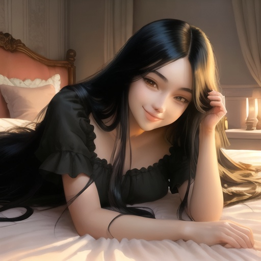 Prompt: beautiful girl laying on bed, long black hair, smiling, bedroom setting, high quality, realistic, detailed, warm tones, soft shadows, relaxed pose, detailed facial features, silky hair,  