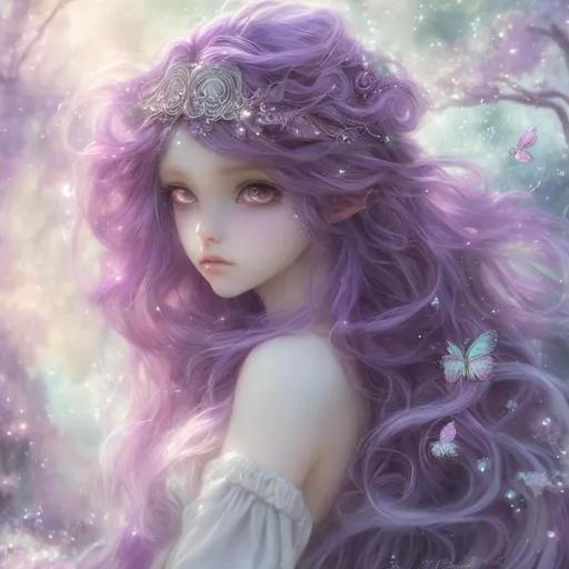 Prompt: purple-haired anime girl in a fantasy world, soft pastel colors, ethereal and magical atmosphere, flowing purple locks with gentle curls, intricate butterfly headpiece, dreamy and whimsical, high quality, pastel, fantasy, ethereal, flowing hair, intricate details, magical, soft colors, anime, dreamy atmosphere, delicate, professional, detailed eyes