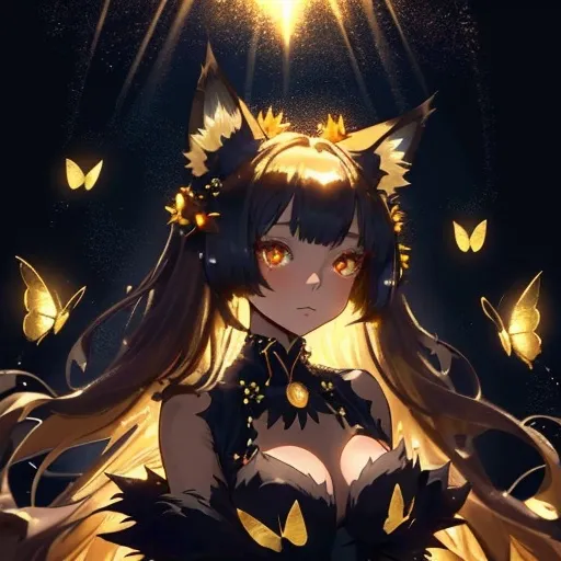 Prompt: Girl with cute fox ears and black dress, surrounded by golden butterflies, anime, magical, detailed fur and dress, ethereal lighting, high quality, whimsical, fantasy, fox ears, black dress, golden butterflies, anime style, ethereal lighting, detailed fur, magical