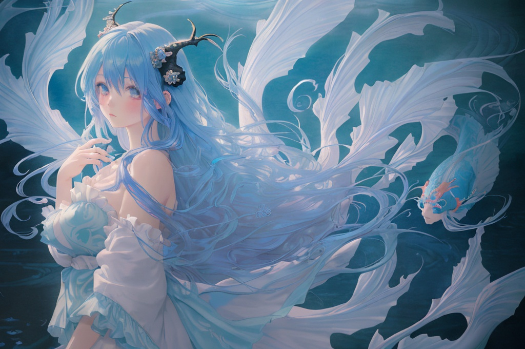 Prompt: Blue-haired anime girl surrounded by Large Koi Fish, soft pastel colors, ethereal and magical atmosphere, flowing blue locks with gentle curls, intricate dragon horns, dreamy and whimsical, high quality, pastel, fantasy, ethereal, flowing hair, intricate details, magical, soft colors, anime, dreamy atmosphere, delicate, professional, detailed eyes