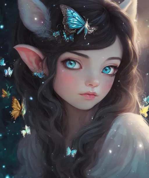 Prompt: Girl with cute wolf ears and silver dress, surrounded by blue butterflies, anime, magical, detailed fur and dress, ethereal lighting, high quality, whimsical, fantasy, wolf ears, silver dress, blue butterflies, anime style, ethereal lighting, detailed fur, magical