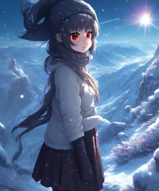 Prompt: anime girl standing on a mountain side in the snow, long shot scenic professional photograph of {mountain side}, perfect viewpoint, highly detailed, wide-angle lens, anime atmospheric, anime scenary, anime lanscape, anime painting, art of wlop, street background, clean detailed anime art, anime vfx, anime. Final fantasi art style, machine, clean detailed anime art, anime vfx, everything in sharp focus, HDR, UHD, 64K