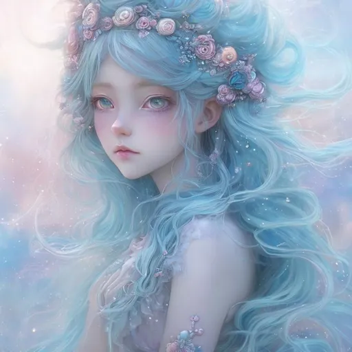 Prompt: blue-haired anime girl in a fantasy world, soft pastel colors, ethereal and magical atmosphere, flowing blue locks with gentle curls, intricate floral headpiece, dreamy and whimsical, high quality, pastel, fantasy, ethereal, flowing hair, intricate details, magical, soft colors, anime, dreamy atmosphere, delicate, professional, detailed eyes