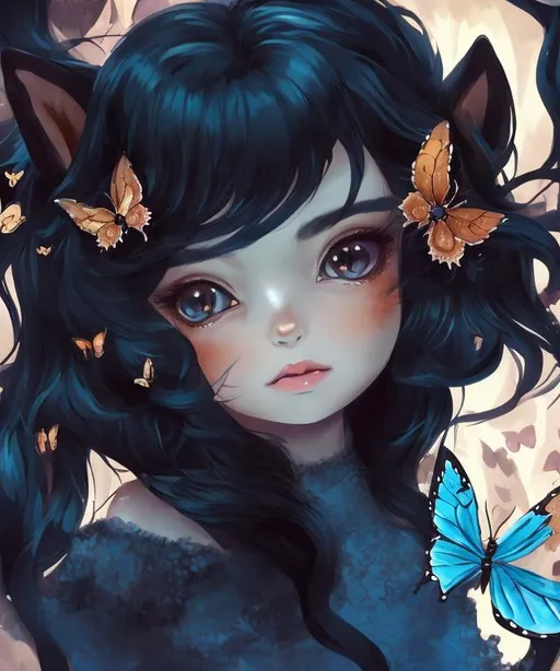 Prompt: Girl with cute fox ears and black dress, surrounded by blue butterflies, anime, magical, detailed fur and dress, ethereal lighting, high quality, whimsical, fantasy, fox ears, black dress, blue butterflies, anime style, ethereal lighting, detailed fur, magical