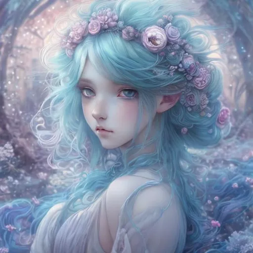 Prompt: blue-haired anime girl in a fantasy world, soft pastel colors, ethereal and magical atmosphere, flowing blue locks with gentle curls, intricate floral headpiece, dreamy and whimsical, high quality, pastel, fantasy, ethereal, flowing hair, intricate details, magical, soft colors, anime, dreamy atmosphere, delicate, professional, detailed eyes