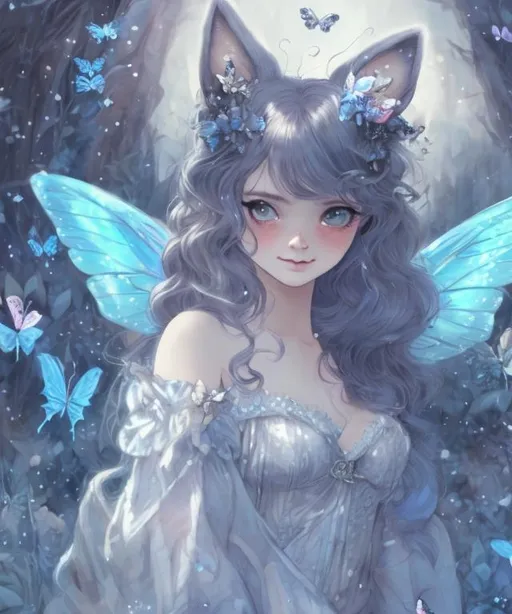 Prompt: Girl with cute wolf ears and silver dress, surrounded by blue butterflies, anime, magical, detailed fur and dress, ethereal lighting, high quality, whimsical, fantasy, wolf ears, silver dress, blue butterflies, anime style, ethereal lighting, detailed fur, magical