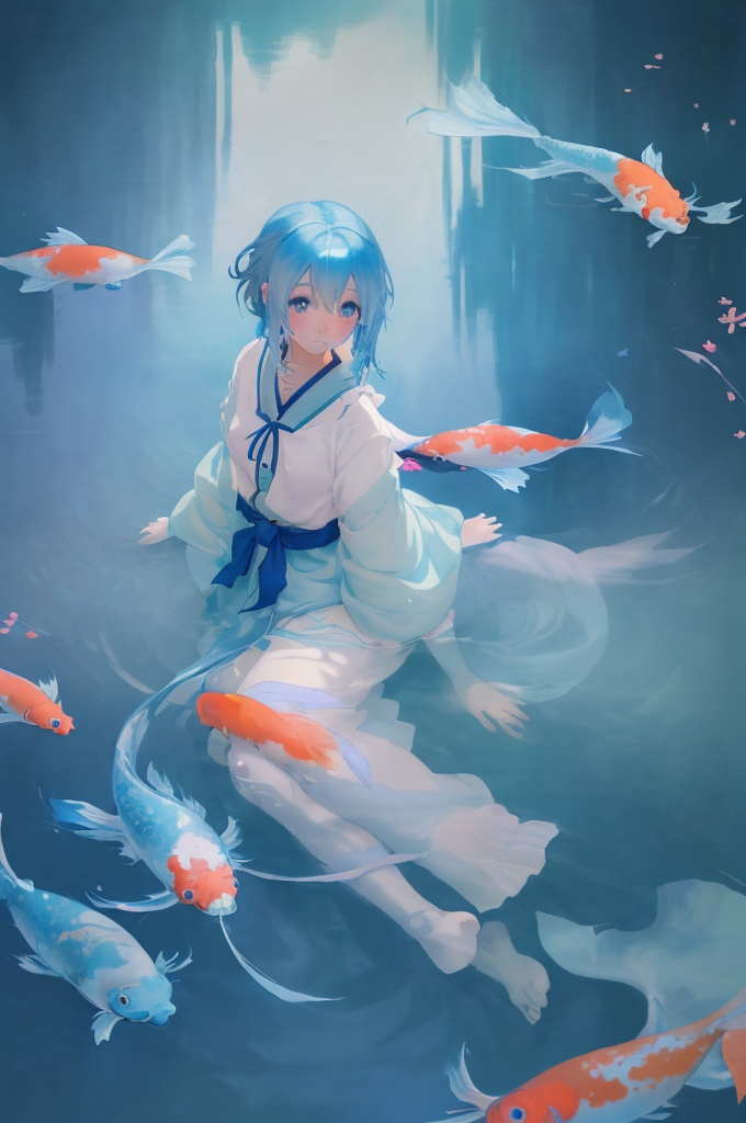 Prompt: Blue-haired anime girl with koi fish, pastel colors, fantasy world, anime, highres, detailed, anime style, pastel tones, fantasy lighting, koi fish swimming, detailed hair, serene atmosphere, dreamy, surreal, anime art, fantasy landscape, soft color palette, peaceful setting, anime girl with koi fish, whimsical