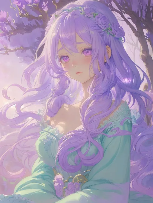 Prompt: Lavender-haired anime girl in a fantasy world, soft pastel colors, ethereal and magical atmosphere, flowing lavender locks with gentle curls, intricate floral headpiece, dreamy and whimsical, high quality, pastel, fantasy, ethereal, flowing hair, intricate details, magical, soft colors, anime, dreamy atmosphere, delicate, professional, detailed eyes