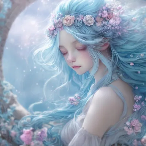 Prompt: blue-haired anime girl in a fantasy world, soft pastel colors, ethereal and magical atmosphere, flowing blue locks with gentle curls, intricate floral headpiece, dreamy and whimsical, high quality, pastel, fantasy, ethereal, flowing hair, intricate details, magical, soft colors, anime, dreamy atmosphere, delicate, professional, detailed eyes