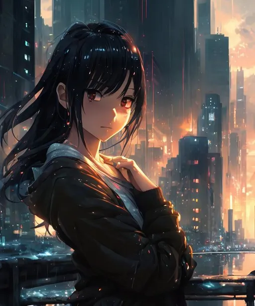 Prompt: anime girl standing on a river side in the rain, long shot scenic professional photograph of {city river}, perfect viewpoint, highly detailed, wide-angle lens, anime atmospheric, anime scenary, anime lanscape, anime painting, art of wlop, street background, clean detailed anime art, anime vfx, anime. Final fantasi art style, machine, clean detailed anime art, anime vfx, everything in sharp focus, HDR, UHD, 64K