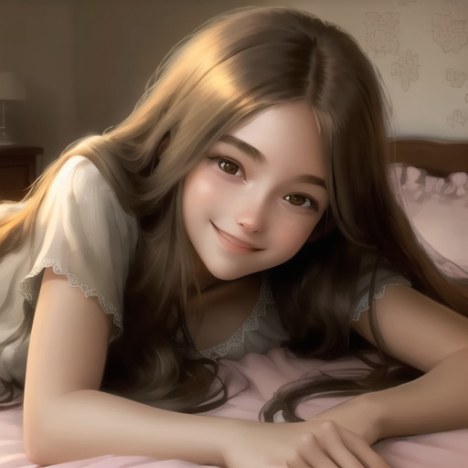 Prompt:  girl laying on bed, long hair, smiling, bedroom setting, high quality, realistic, detailed, warm tones, soft shadows, relaxed pose, detailed facial features, silky hair,  