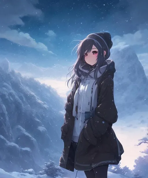 Prompt: anime girl standing on a mountain side in the snow, long shot scenic professional photograph of {mountain side}, perfect viewpoint, highly detailed, wide-angle lens, anime atmospheric, anime scenary, anime lanscape, anime painting, art of wlop, street background, clean detailed anime art, anime vfx, anime. Final fantasi art style, machine, clean detailed anime art, anime vfx, everything in sharp focus, HDR, UHD, 64K