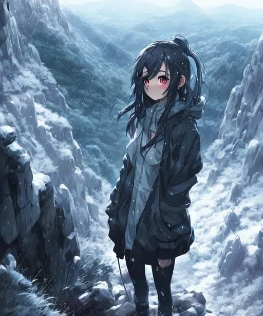 Prompt: anime girl standing on a mountain side in the rain, long shot scenic professional photograph of {mountain side}, perfect viewpoint, highly detailed, wide-angle lens, anime atmospheric, anime scenary, anime lanscape, anime painting, art of wlop, street background, clean detailed anime art, anime vfx, anime. Final fantasi art style, machine, clean detailed anime art, anime vfx, everything in sharp focus, HDR, UHD, 64K