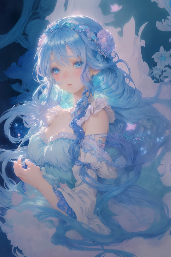 Prompt: blue-haired anime girl in a fantasy world, soft pastel colors, ethereal and magical atmosphere, flowing blue locks with gentle curls, intricate floral headpiece, dreamy and whimsical, high quality, pastel, fantasy, ethereal, flowing hair, intricate details, magical, soft colors, anime, dreamy atmosphere, delicate, professional, detailed eyes