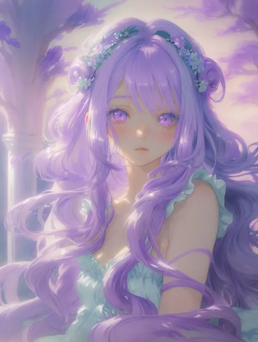 Prompt: Lavender-haired anime girl in a fantasy world, soft pastel colors, ethereal and magical atmosphere, flowing lavender locks with gentle curls, intricate floral headpiece, dreamy and whimsical, high quality, pastel, fantasy, ethereal, flowing hair, intricate details, magical, soft colors, anime, dreamy atmosphere, delicate, professional, detailed eyes