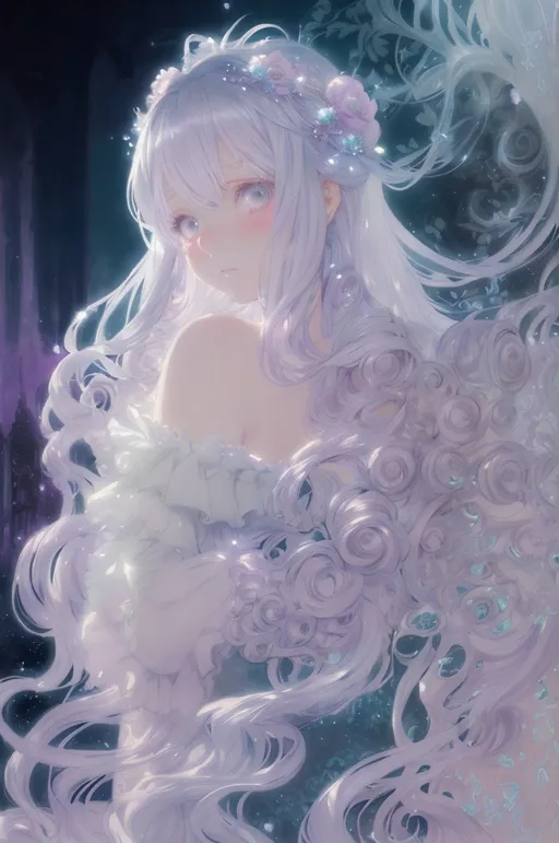 Prompt: Silver-haired anime girl in a fantasy world, soft pastel colors, ethereal and magical atmosphere, flowing silver locks with gentle curls, intricate floral headpiece, dreamy and whimsical, high quality, pastel, fantasy, ethereal, flowing hair, intricate details, magical, soft colors, anime, dreamy atmosphere, delicate, professional