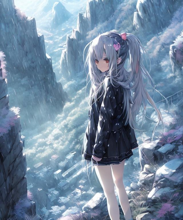 Prompt: anime girl standing on a mountain side in the rain, long shot scenic professional photograph of {mountain side}, perfect viewpoint, highly detailed, wide-angle lens, anime atmospheric, anime scenary, anime lanscape, anime painting, art of wlop, street background, clean detailed anime art, anime vfx, anime. Final fantasi art style, machine, clean detailed anime art, anime vfx, everything in sharp focus, HDR, UHD, 64K