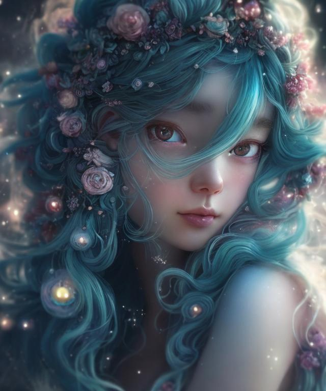 Prompt: blue-haired anime girl in a fantasy world, soft pastel colors, ethereal and magical atmosphere, flowing blue locks with gentle curls, intricate floral headpiece, dreamy and whimsical, high quality, pastel, fantasy, ethereal, flowing hair, intricate details, magical, soft colors, anime, dreamy atmosphere, delicate, professional, detailed eyes