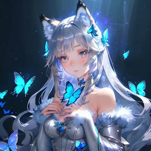 Prompt: Girl with cute wolf ears and silver dress, surrounded by blue butterflies, anime, magical, detailed fur and dress, ethereal lighting, high quality, whimsical, fantasy, wolf ears, silver dress, blue butterflies, anime style, ethereal lighting, detailed fur, magical