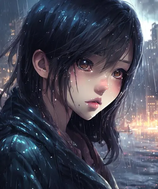 Prompt: anime girl standing on a river side in the rain, long shot scenic professional photograph of {city river}, perfect viewpoint, highly detailed, wide-angle lens, anime atmospheric, anime scenary, anime lanscape, anime painting, art of wlop, street background, clean detailed anime art, anime vfx, anime. Final fantasi art style, machine, clean detailed anime art, anime vfx, everything in sharp focus, HDR, UHD, 64K