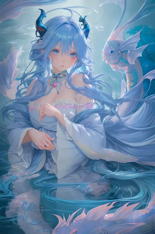 Prompt: Blue-haired anime girl surrounded by Large Koi Fish, soft pastel colors, ethereal and magical atmosphere, flowing blue locks with gentle curls, intricate dragon horns, dreamy and whimsical, high quality, pastel, fantasy, ethereal, flowing hair, intricate details, magical, soft colors, anime, dreamy atmosphere, delicate, professional, detailed eyes