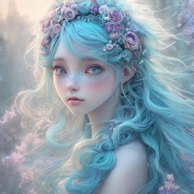 Prompt: blue-haired anime girl in a fantasy world, soft pastel colors, ethereal and magical atmosphere, flowing blue locks with gentle curls, intricate floral headpiece, dreamy and whimsical, high quality, pastel, fantasy, ethereal, flowing hair, intricate details, magical, soft colors, anime, dreamy atmosphere, delicate, professional, detailed eyes