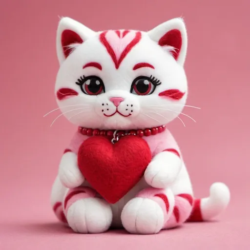 Prompt: create an image of a soft cuddly kitty that is pink and red and has a heart necklace
