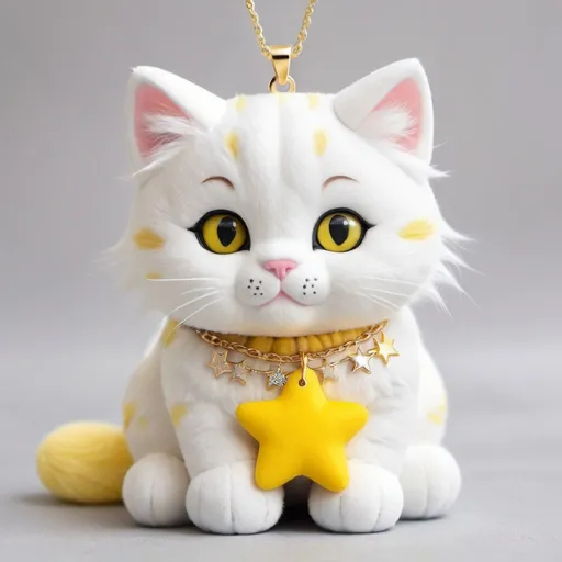 Prompt: create an image of a soft cuddly kitty that is white and yellow and has a star necklace

