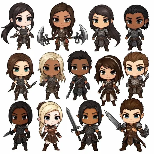 Prompt: I would like to create character avatars in the style of chibi anime. I want them to be various shades darker skin toned, all of them in various garb from the video game Skyrim, weapons included. I need each chibi to be far enough apart, so that I can separate them for individual icons. 