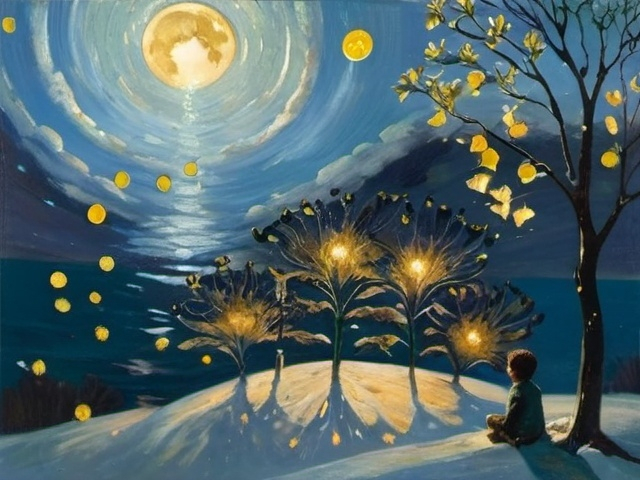 Prompt: Single silver colour butterfly with a broken wing on a snowy night sit at a single flower in a withered dogwood tree illuminated by fireflies that surrounds the butterfly,half moon hanging on the sky covered by clouds,under the tree a young boy gazing at the  butterfly 