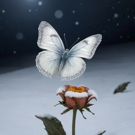 Prompt: Lonely silver colour butterfly on a snowy night sit at a single flower in a withered dog